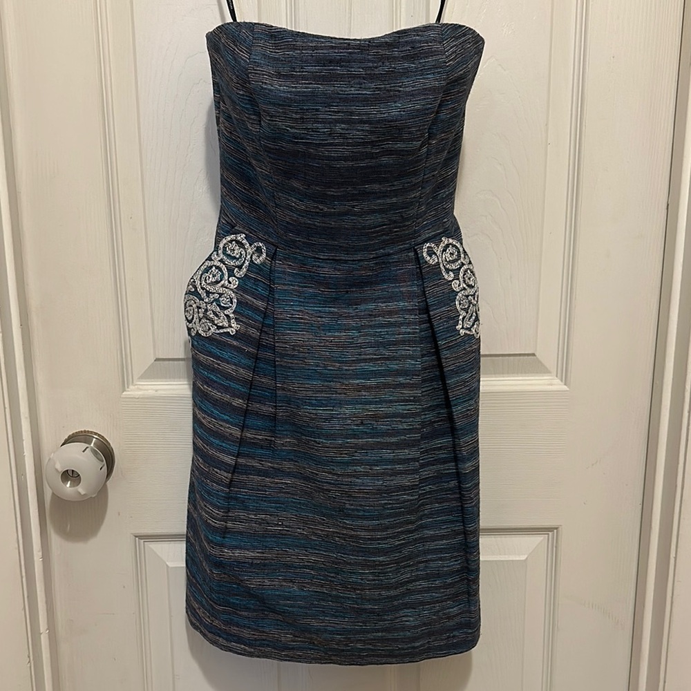 Phoebe Couture Blue Mini Pleated Sheath Dress for Cocktail